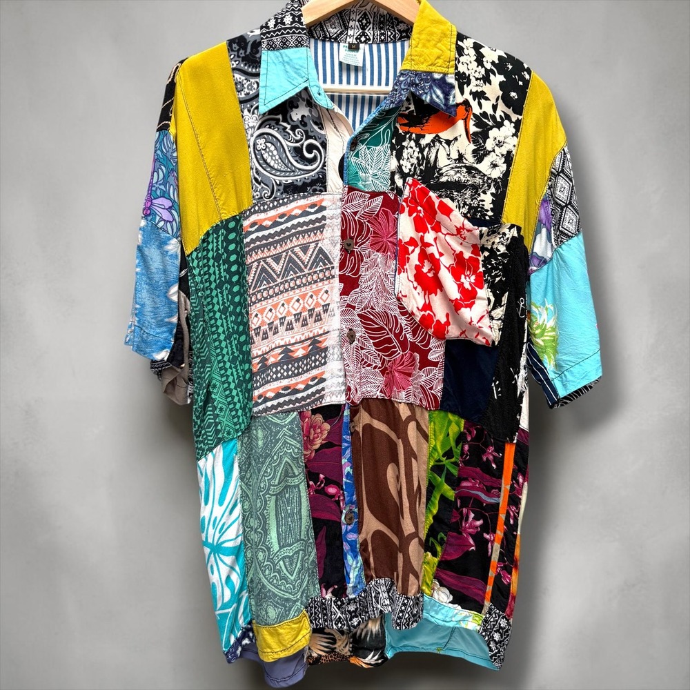 Peaceful People Mens Patchwork Rayon Button Down Shirt Multicolor Boho Medium